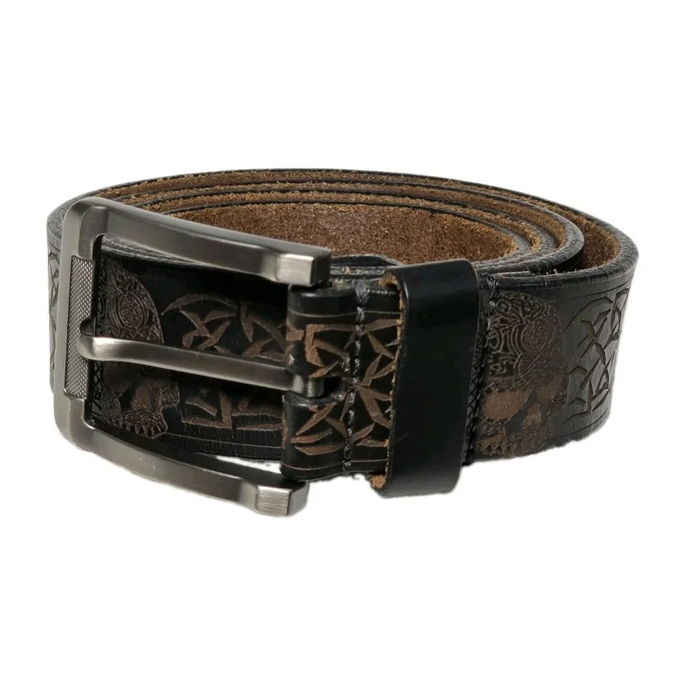 Embossed Skulls Leather Belt Men's Size 44 Made In India Black/Brown